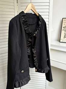 Chiquease Waffle tricô patchwork solto ajuste babado decoração jaqueta feminina, moda outono outerwear - Preto - Ver 5