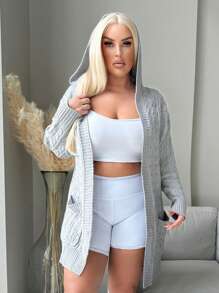 SHEIN SXY Cárdigan de punto de cable de manga larga con capucha y cremallera, de unicolor, talla grande, para otoño/invierno