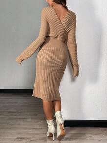 Chiquease Vestido jersey de manga larga con cuello en V cruzado de unicolor