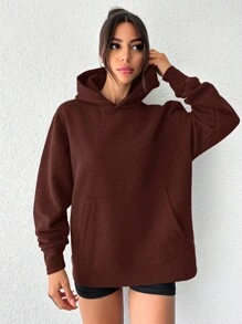 EURMUSE Women's Solid Color Drop Shoulder Long Sleeve Pocket Loose Casual Hoodie - Brown - View 4