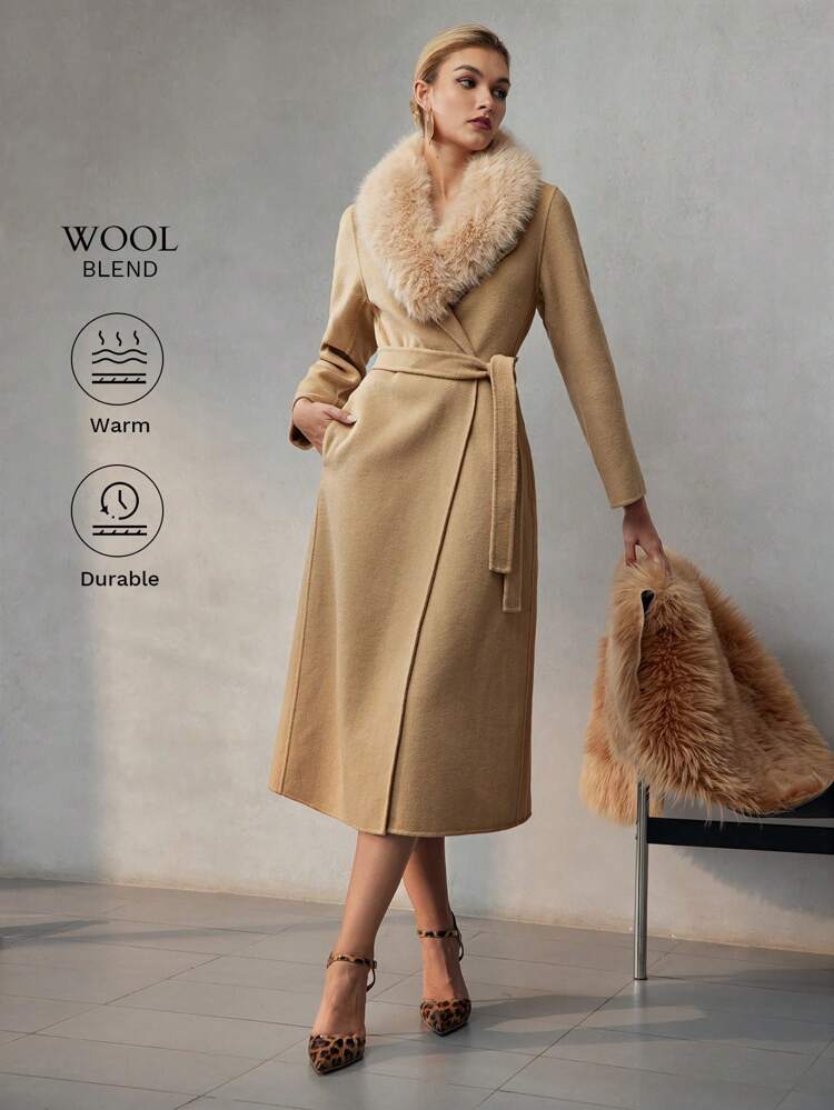 WOOL CONTRAST FLUFFY BELTED OVERCOAT