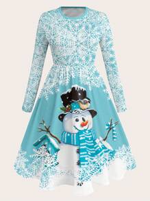 SHEIN LUNE 大码女式圣诞雪人与雪花印花圆领长袖连衣裙，休闲秋冬日常连衣裙长款女装 - 彩色 - 查看 1