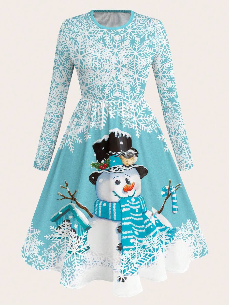 SHEIN LUNE 大码女式圣诞雪人与雪花印花圆领长袖连衣裙,休闲秋冬日常连衣裙长款女装 - 彩色 - 查看 1