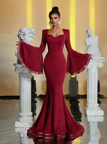 Glamrae Vestido de noche elegante de fishtail color borgoña con hombros acolchados, escote corazón, mangas de volantes dramáticas, contraste de cinta dorada lujosa, adecuado para todas las ocasiones formales, fiestas formales, bailes de graduación, invitados de bodas, graduación, cenas - Burdeos - Ver 1