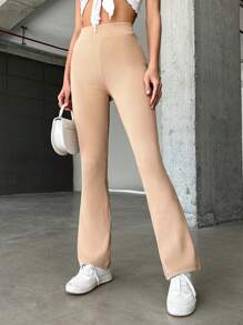 EURMUSE Solid Flare Leg Pants - Camel - View 3