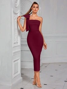Elisanya Asymmetrical Neck Solid Color Bowknot Decor Slit Backless Midi Cocktail Party Prom Dress, Elegant Semi Formal Dress - Burgundy - View 4