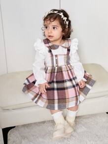 SHEIN Babygirl Autumn Winter Cute Plaid Patchwork Dress & Hat Set