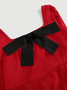 SHEIN MOD Plus Size Black Bow Front Puff Sleeve Curved Hem Valentine Day Red Dress - Red - View 3