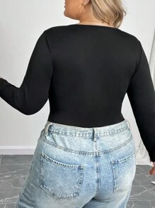 SHEIN CURVE+ Plus Size Plain Crew Neck Tight Fitting Sexy Long Sleeve Bodysuit