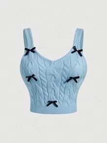 SHEIN MOD Plus Size Vintage Blue Floral Bow Knit Camisole Top - Blue - View 1