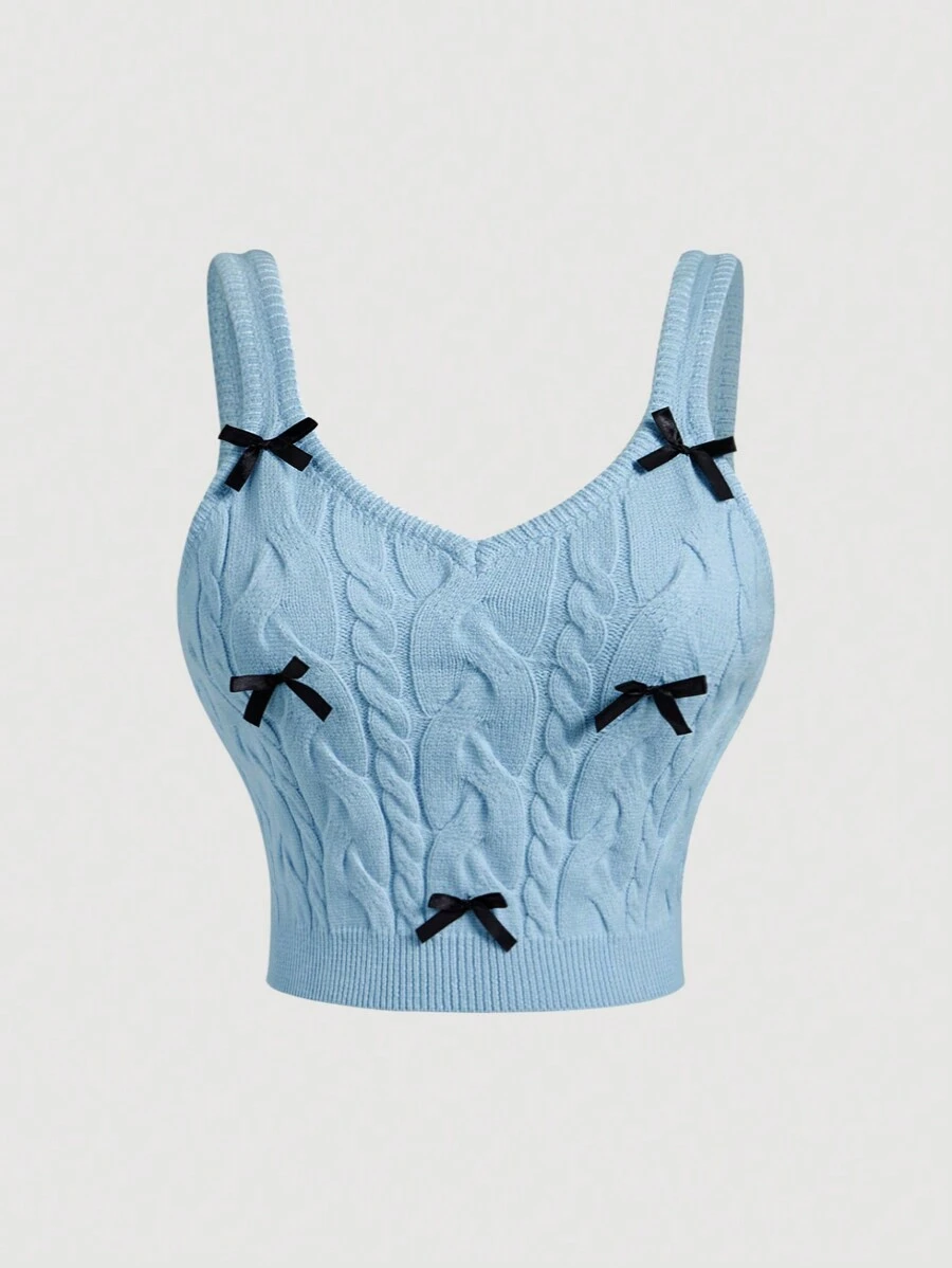 SHEIN MOD Plus Size Vintage Blue Floral Bow Knit Camisole Top - Blue - View 1
