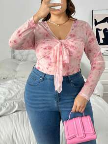 SHEIN Privé Bộ đồ liền thân lưới trong suốt in hoa cỡ lớn cho nữ, trang phục đi biển thanh lịch lãng mạn, phù hợp cho mùa thu/đông - Hồng - Xem 5