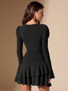 SHEIN BAE 1pc Women's Champagne Solid Long Sleeve Deep V-Neck Multi-Layer Ruffle Hem Mini Dress, Romantic And Sweet, For Autumn & Winter - Black - View 2