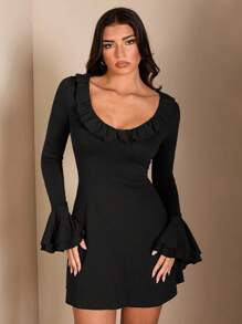 SHEIN BAE 1 chiếc váy ngắn bó sát tay dài màu cà phê/nâu cho nữ có cổ chữ V xếp nếp, phù hợp cho mùa thu/đông, mặc nhiều lớp, hẹn hò lãng mạn và đi làm hàng ngày - màu đen - Xem 4