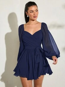 SHEIN BAE Vestido ligero y transparente con mangas acampanadas divididas, color negro sólido, escote corazón sexy con lazo, casual para vacaciones y fiestas en la playa