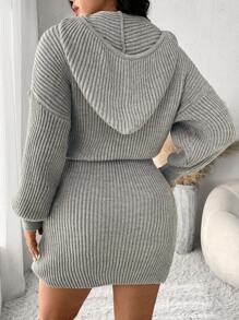 SHEIN Frenchy Plus Size Solid Color Hooded Long Sleeve Sweater Dress - Grey - View 6