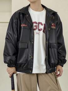 DAZY Men Letter Print Black Leather Jacket, Autumn - Black - View 4