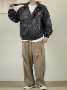 DAZY Men Letter Print Black Leather Jacket, Autumn - Black - View 7