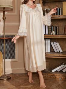 Moonlight&Mama 宫廷风波点图案喇叭袖宽松舒适孕妇睡裙，秋冬款 - 杏色 - 查看 3