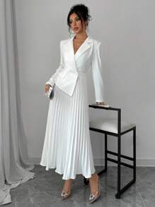 Chiquease 女士优雅纯色褶皱下摆翻领长袖连衣裙，秋季长款女装 - 白色 - 查看 1
