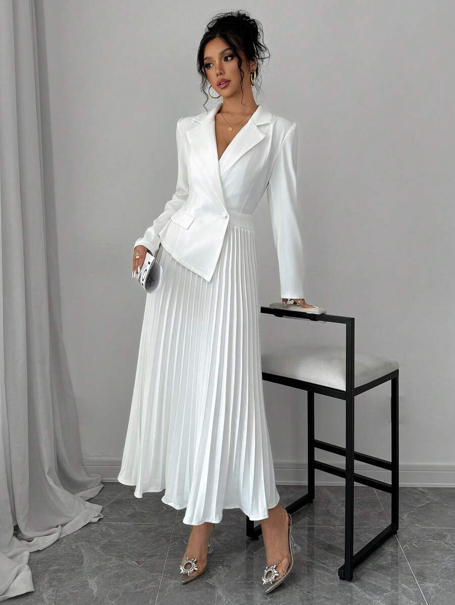 Chiquease 女士优雅纯色褶皱下摆翻领长袖连衣裙，秋季长款女装 - 白色 - 查看 1