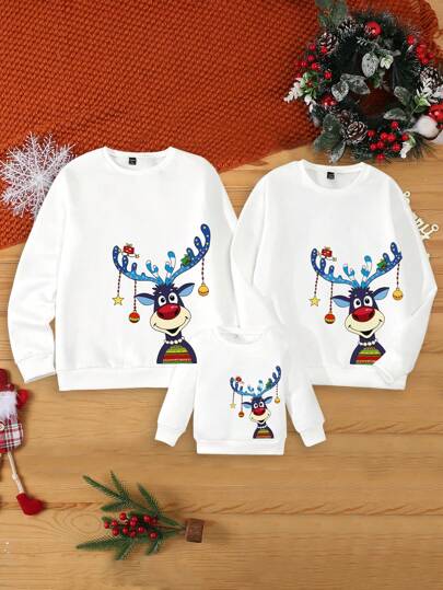 White Unisex Christmas Colorful Reindeer Print Fashionable Round Neck Long Sleeve Fleece Warm Sweatshirt. Family Matching Outfits Mommy And Me (3 Pieces Are Sold Separately)
