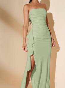 SHEIN BAE 无袖露肩褶皱高开叉荷叶边裹身长裙，白色，适合伴娘婚礼派对和夏季场合