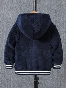 SHEIN 年轻男孩休闲运动夹克，带字母刺绣贴片和双面保暖内衬连帽加厚保暖夹克，适合户外活动或日常穿着 - 寶藍色 - 查看 2