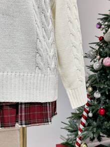 Flirla Plus Size Women Christmas Hat Pattern Dropped Shoulder Crew Neck Long Sleeve Sweater, Autumn/Winter Knit Pullover Fall - Apricot - View 7