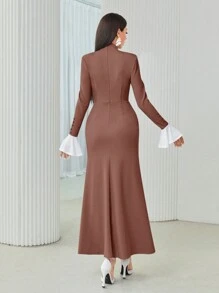 Modelyn 女士休闲优雅拼色高领收腰鱼尾下摆朴素长袖连衣裙，秋季长款晚礼服 - 藕粉色 - 查看 2