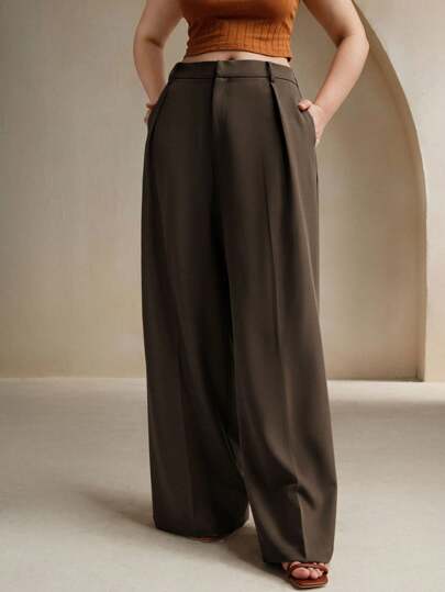 Anewsta Coffee Color Plus Size Casual Commute Elegant And Fashionable Women Suit Pants