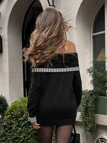 Pariaura 露肩宽松纯色休闲性感毛衣连衣裙 - 黑色 - 查看 2