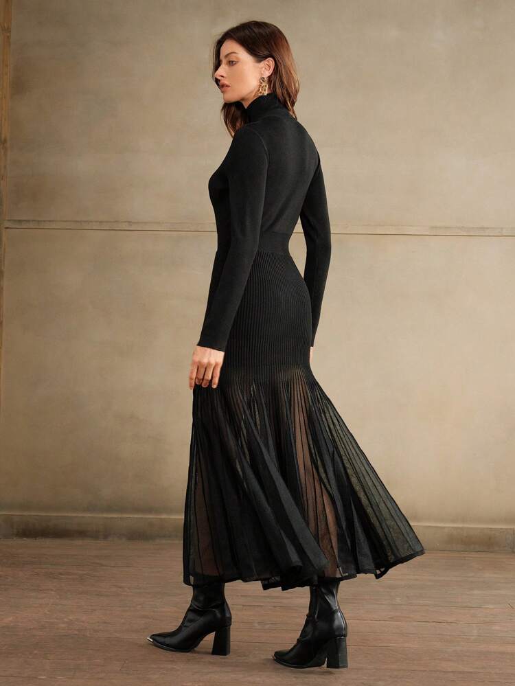 Vestido de punto con cuello alto, corte ceñido a la cintura, tejido transparente con lentejuelas y bajo con cola de pez, ideal para Navidad