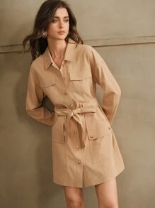 Anewsta Đầm ngắn tay bó eo kim loại thanh lịch cho nữ, trang phục đi làm - Màu Khaki - Xem 1