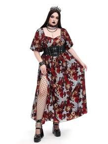 Flirla Plus Size Halloween Floral All-Over Print Splice Short Sleeve Romantic High Slit Holiday Dress