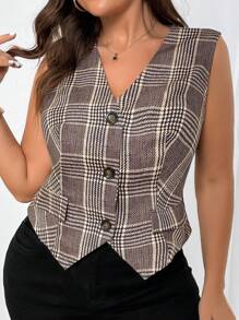 Calvaya Plus Plaid Print Button Front Vest Blazer - Multicolor - View 3