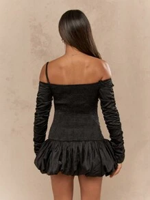 MISSGUIDED Satin Spaghetti Strap Ruched Long Sleeves Bubble Hem Mini Bardot Dress - Black - View 2