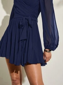 SHEIN BAE Vestido ligero y transparente con mangas acampanadas divididas, color negro sólido, escote corazón sexy con lazo, casual para vacaciones y fiestas en la playa
