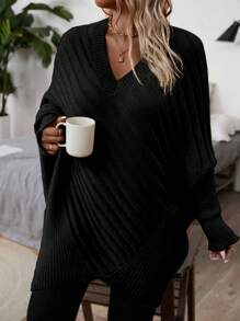 Calvaya Áo len dài tay cổ chữ V màu trơn cỡ lớn, kiểu dáng đơn giản, thích hợp mặc hàng ngày, áo len mùa đông và mùa thu. - màu đen - Xem 7