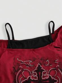 ROMWE Grunge Punk Plus Size Women Cross Print Embellished Splicing Long Sleeve Tight Fit T-Shirt, Punk Style