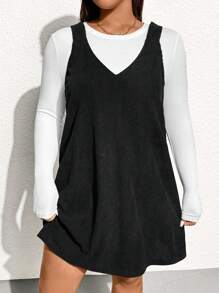 SHEIN Essnce 大码女式秋季万圣节连衣裙，新款时尚休闲通勤商务灯芯绒黑色连衣裙，夏季 - 黑色 - 查看 1