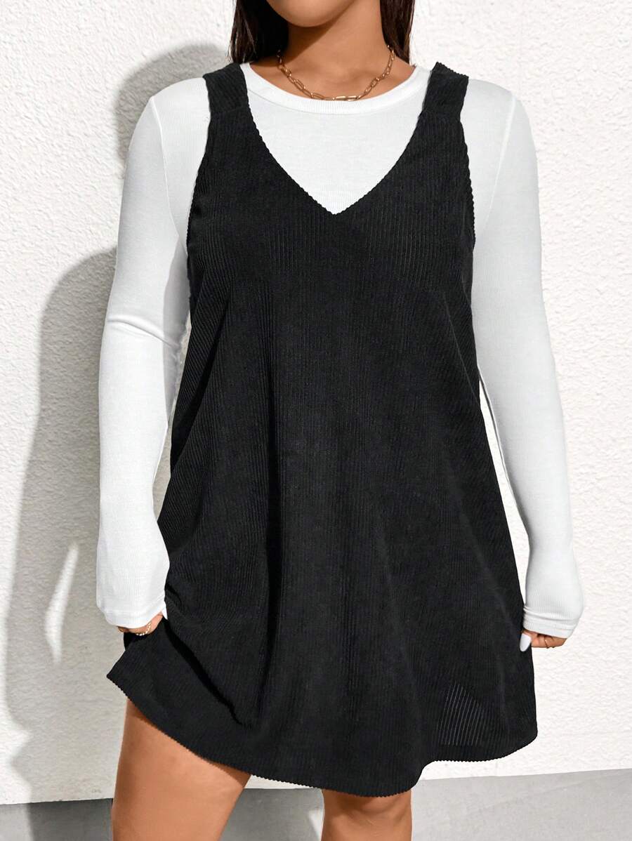 SHEIN Essnce 大码女式秋季万圣节连衣裙，新款时尚休闲通勤商务灯芯绒黑色连衣裙，夏季 - 黑色 - 查看 1