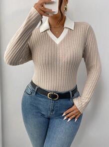 SHEIN Frenchy 纯色块长袖T恤，加大码V领，翻领秋冬长袖T恤，色块T恤，柔软条纹面料，百搭女装，适合外出，休闲日常穿着 - 杏色 - 查看 2