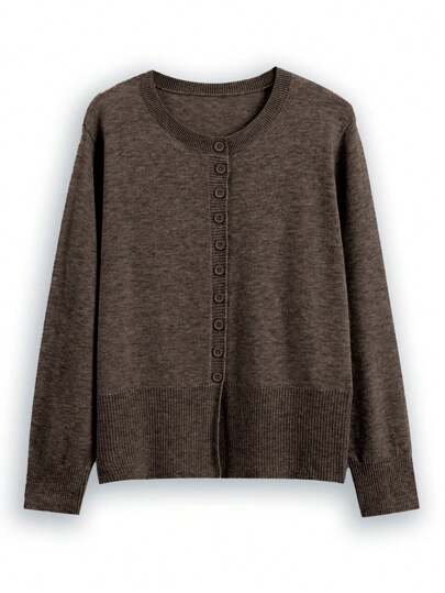 Nubod Plus Size Casual Daily Button Up Crew Neck långärmad cardigan, höst/vinter