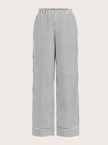 SHEIN BASICS 休闲编织条纹低腰直筒宽松女裤 - 黑色 - 查看 1