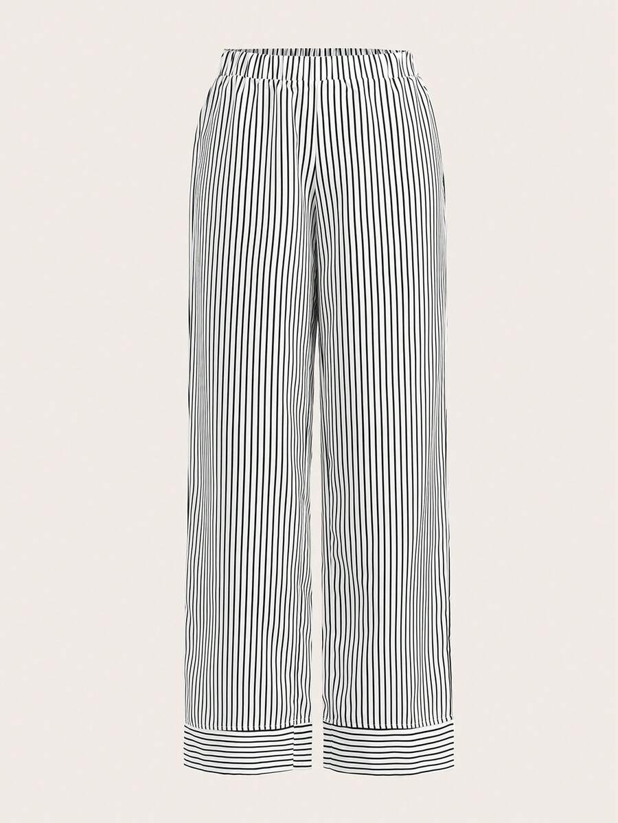 SHEIN BASICS 休闲编织条纹低腰直筒宽松女裤 - 黑色 - 查看 1