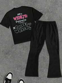 PAVTROS 男士涂鸦图案嘻哈风格 T 恤套装，男士两件套服装 - 黑色 - 查看 2