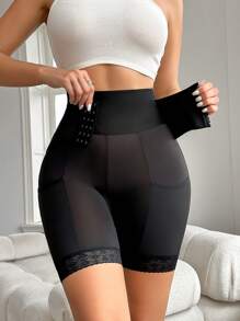Comfortable Lace Splicing Breathable High Elasticity Shapewear Pants - Black - View 5