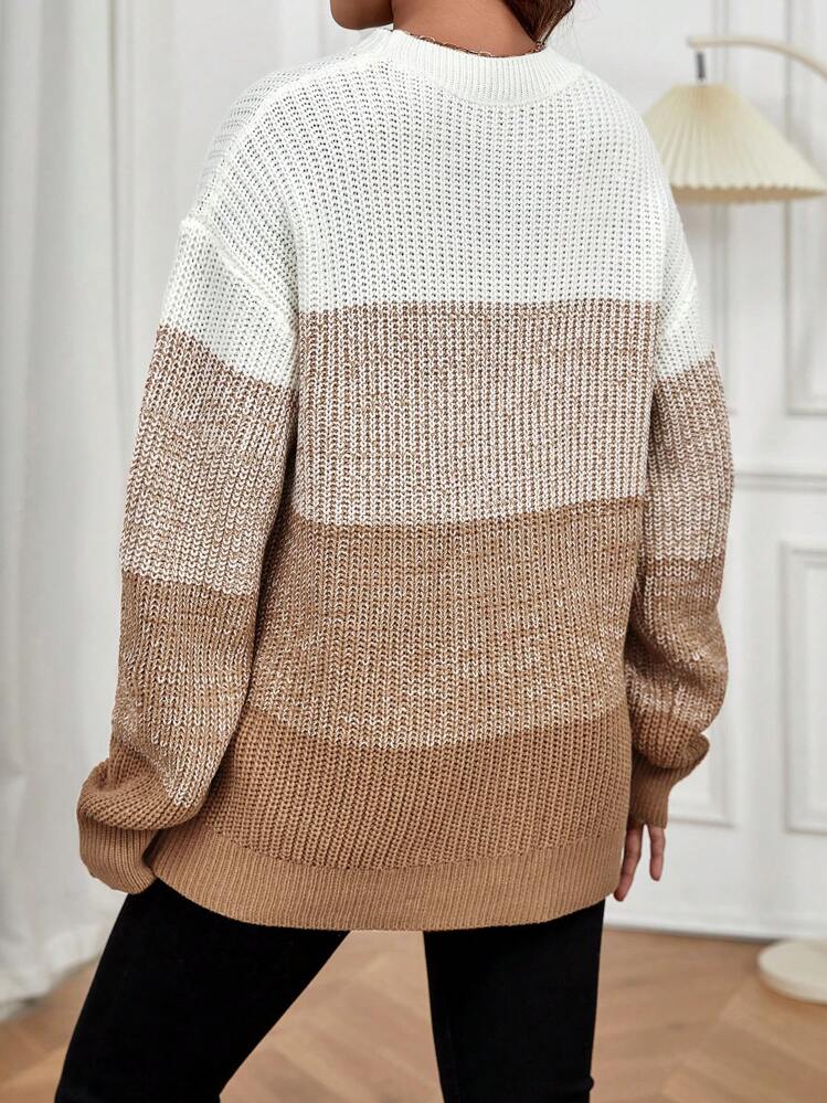 SHEIN Maternity Round Neck Long Sleeve Plain Color Splicing Minimalist Knit Sweater, Casual Daily Wear, For Winter - Khaki - View 2