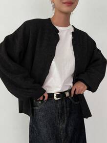 DAZY Women's Loose Fit Round Neck Lantern Sleeve Cardigan - Black - View 6